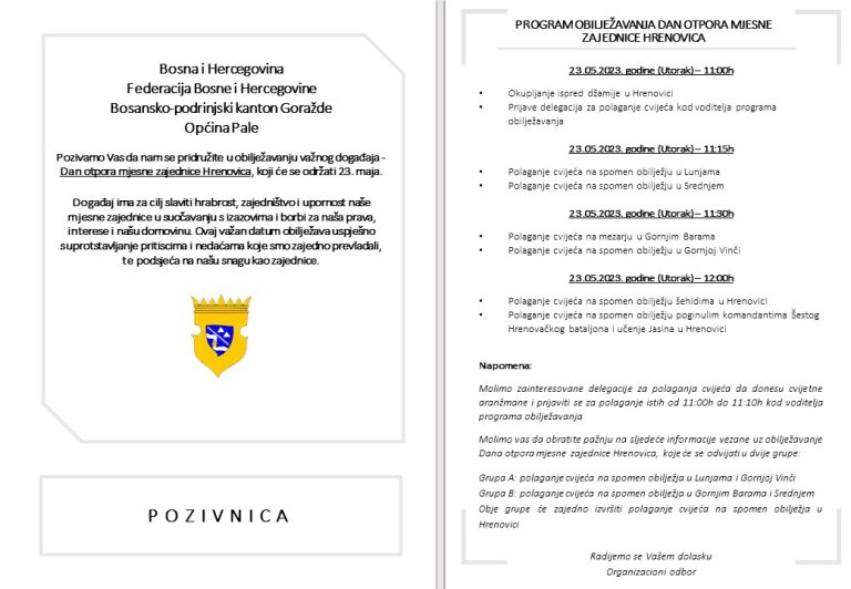 PROGRAM OBILJEŽAVANJA DANA OTPORA MJESNE ZAJEDNICE HRENOVICA